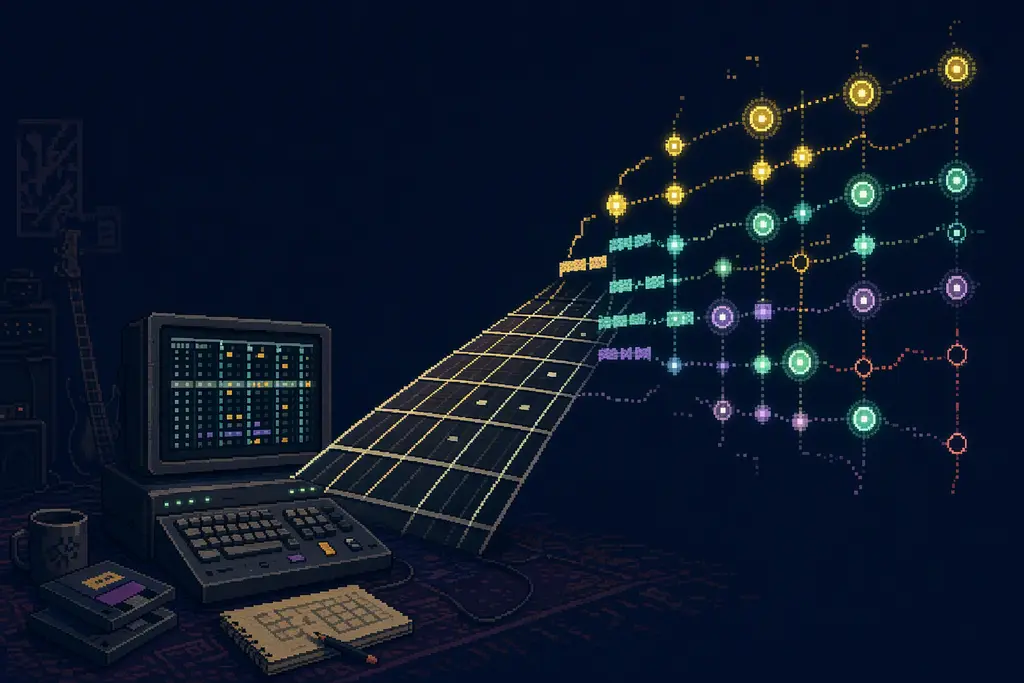 Pixel-art guitar neck becoming a grid of glowing note positions
